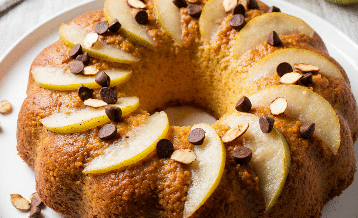 Gâteau moelleux aux poires, amandes et pépites de chocolat 1 Gâteau moelleux aux poires, amandes et pépites de chocolat, dessert savoureux et gourmand