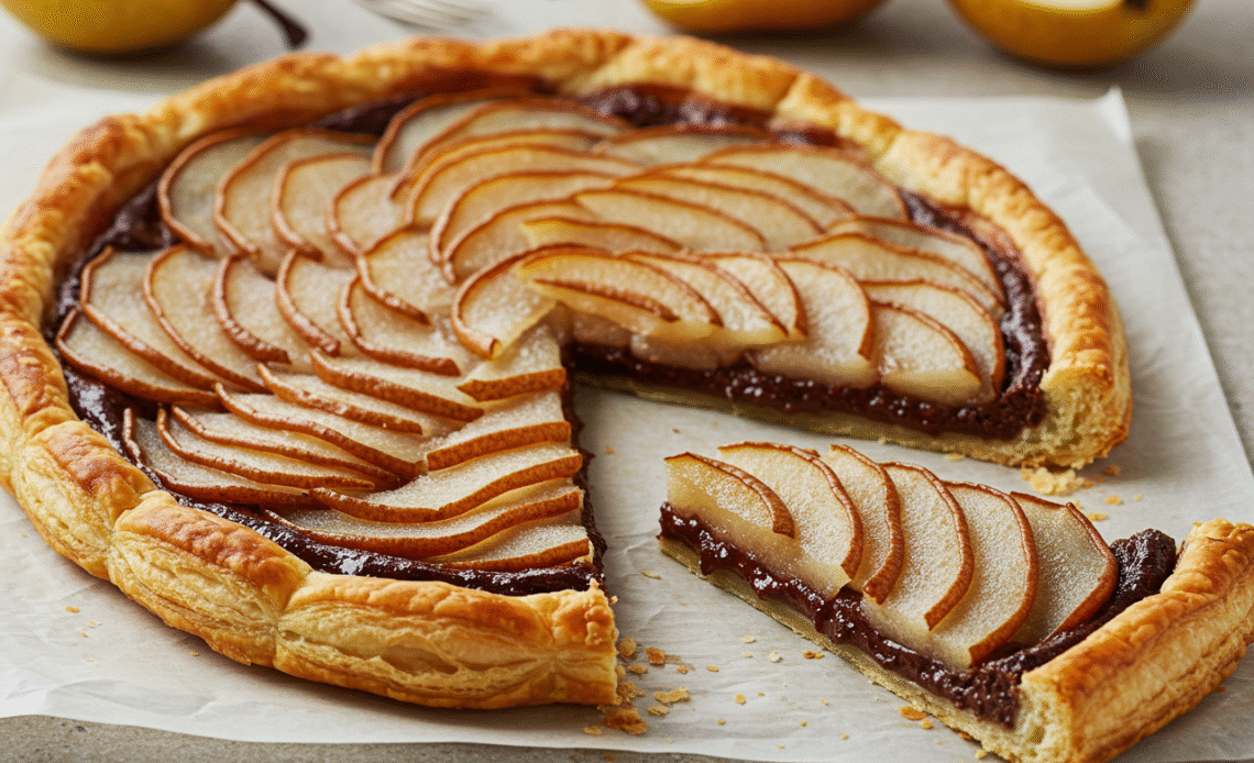 Tarte Poire-Chocolat sur Pâte Feuilletée : Un Classique Gourmand 1 Tarte Poire-Chocolat garnie de poires juteuses et de chocolat fondant