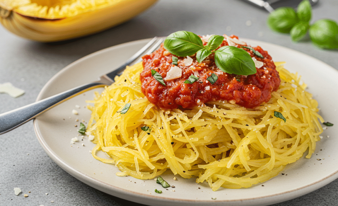 Découverte du Trésor Culinaire : Courge Spaghetti 1 Plat de courge spaghetti préparé avec des légumes frais et délicieux