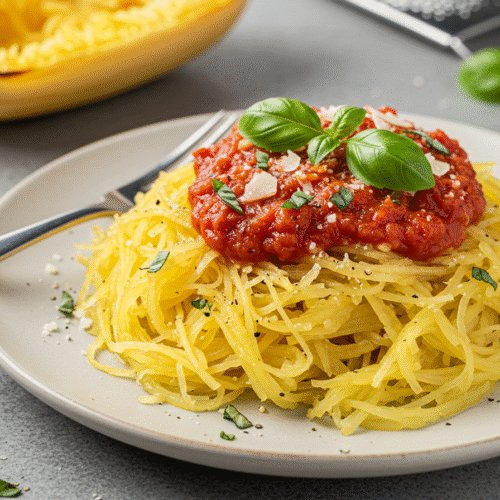 Découverte du Trésor Culinaire : Courge Spaghetti 2 Plat de courge spaghetti préparé avec des légumes frais et délicieux