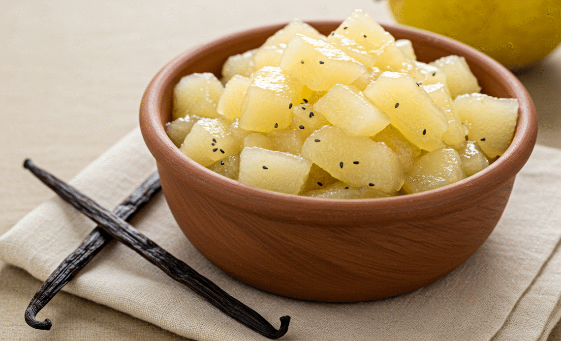 Compote de poires à la vanille servie dans un joli bol