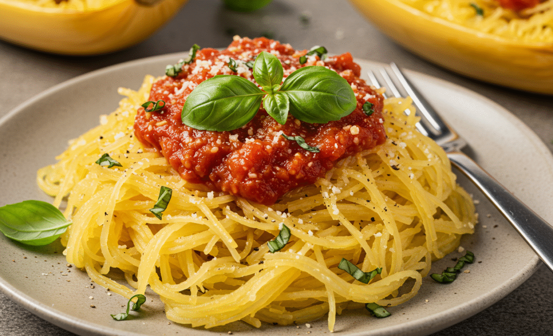 Plat de courge spaghetti au four, talentueusement préparé avec des herbes et des épices.