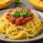 Plat de courge spaghetti au four, talentueusement préparé avec des herbes et des épices.