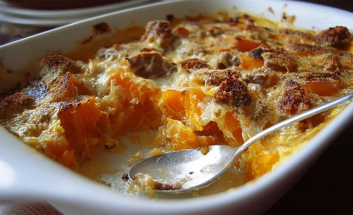 Butternut Squash Gratin with Chestnuts 1 Butternut squash gratin topped with roasted chestnuts, served in a dish