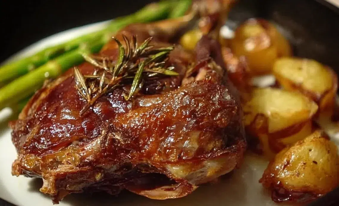 Plat de Confit de Canard, un délice culinaire français servi avec des garnitures.