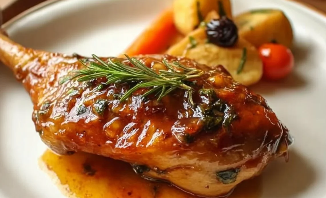 Cuisse de canard confit présentée dans une assiette avec garniture