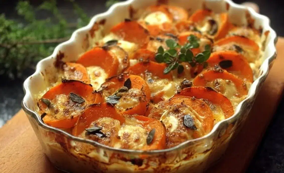 Gratin de Butternut au Chèvre 1 Gratin de butternut au chèvre, un plat savoureux et réconfortant, prêt à être dégusté.