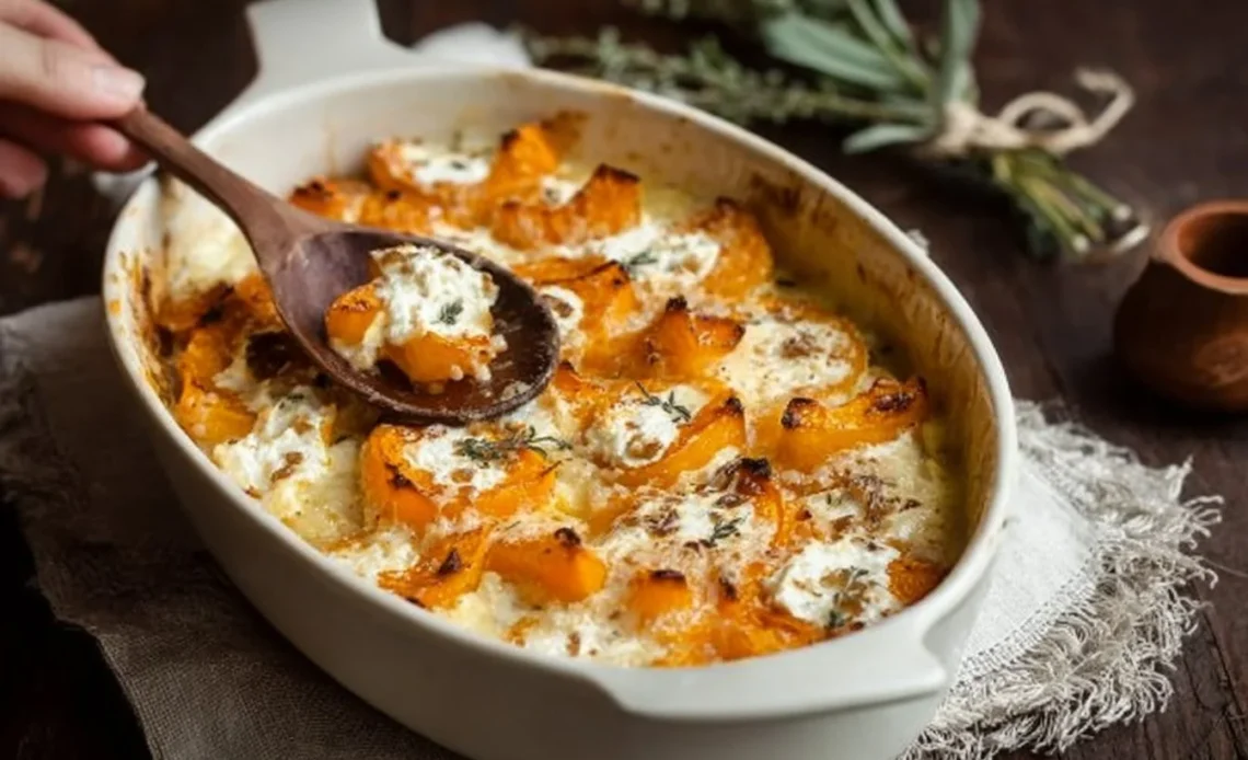 Gratin de potiron au chèvre avec fromage fondu et herbes.