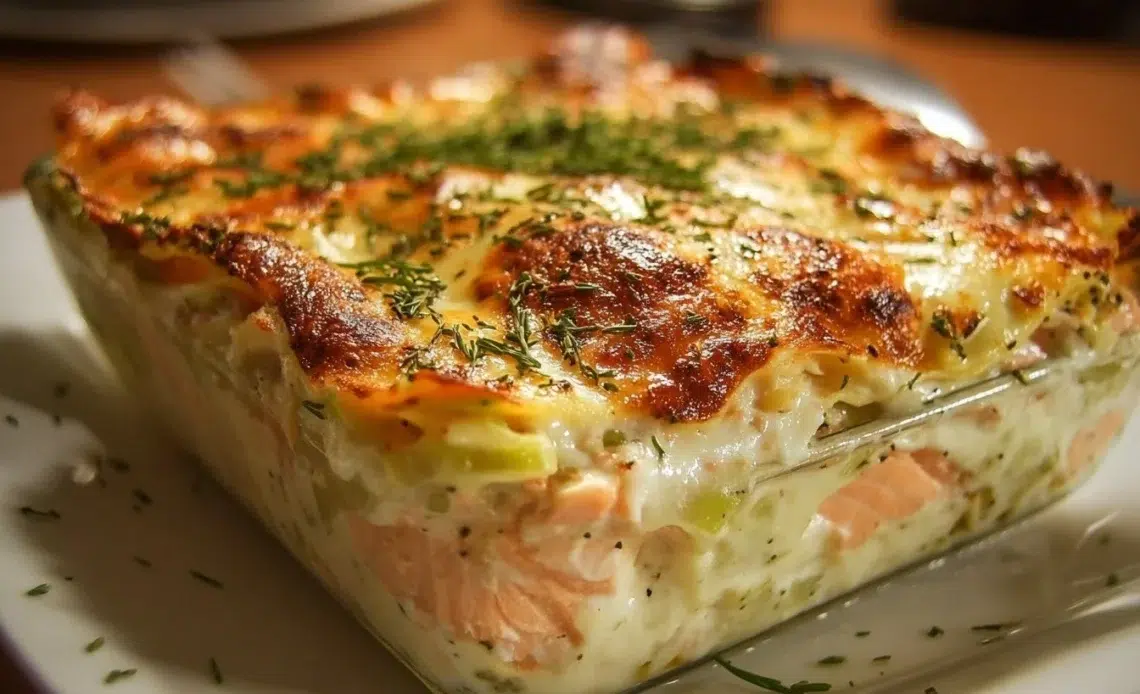 Lasagnes au Saumon, Poireaux et Chèvre 1 Lasagnes au saumon, poireaux et chèvre avec une présentation appétissante