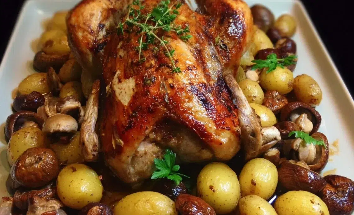 Poulet rôti aux châtaignes, champignons et pommes de terre 1 Poulet rôti avec châtaignes, champignons et pommes de terre, prêt à servir.