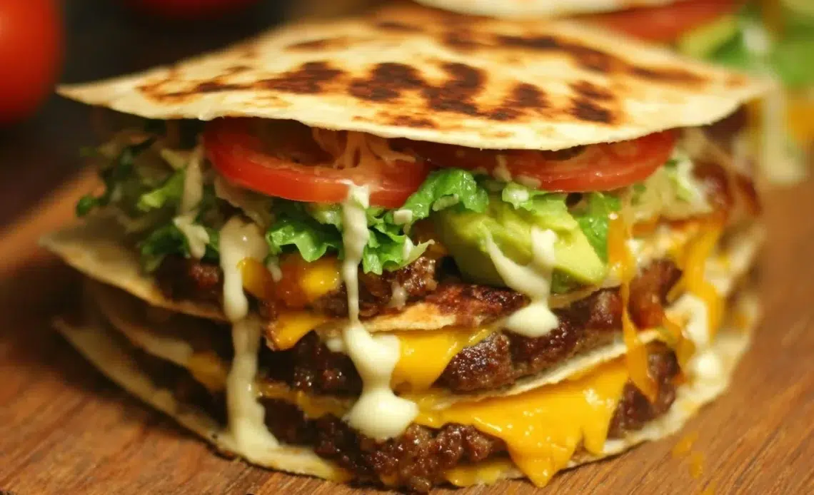 Quesadilla Burger 1 Quesadilla burger savoureux avec fromage fondu et garnitures croustillantes.