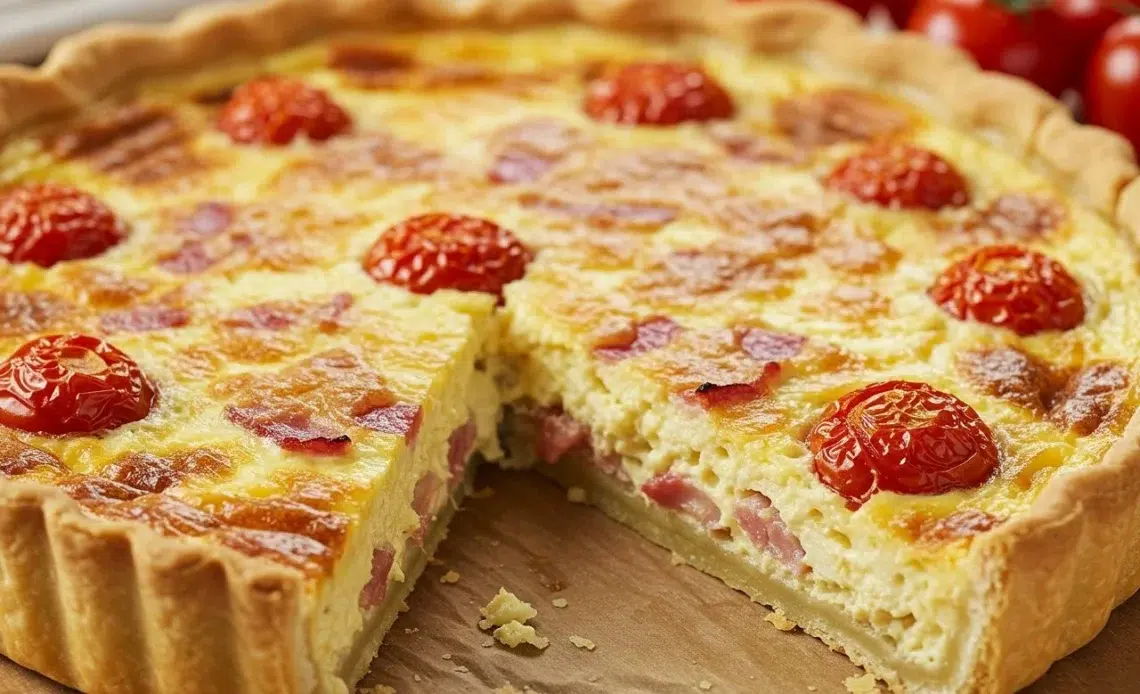 Quiche Lorraine aux tomates cerises et au basilic 1 Quiche Lorraine garnie de tomates cerises et basilic frais