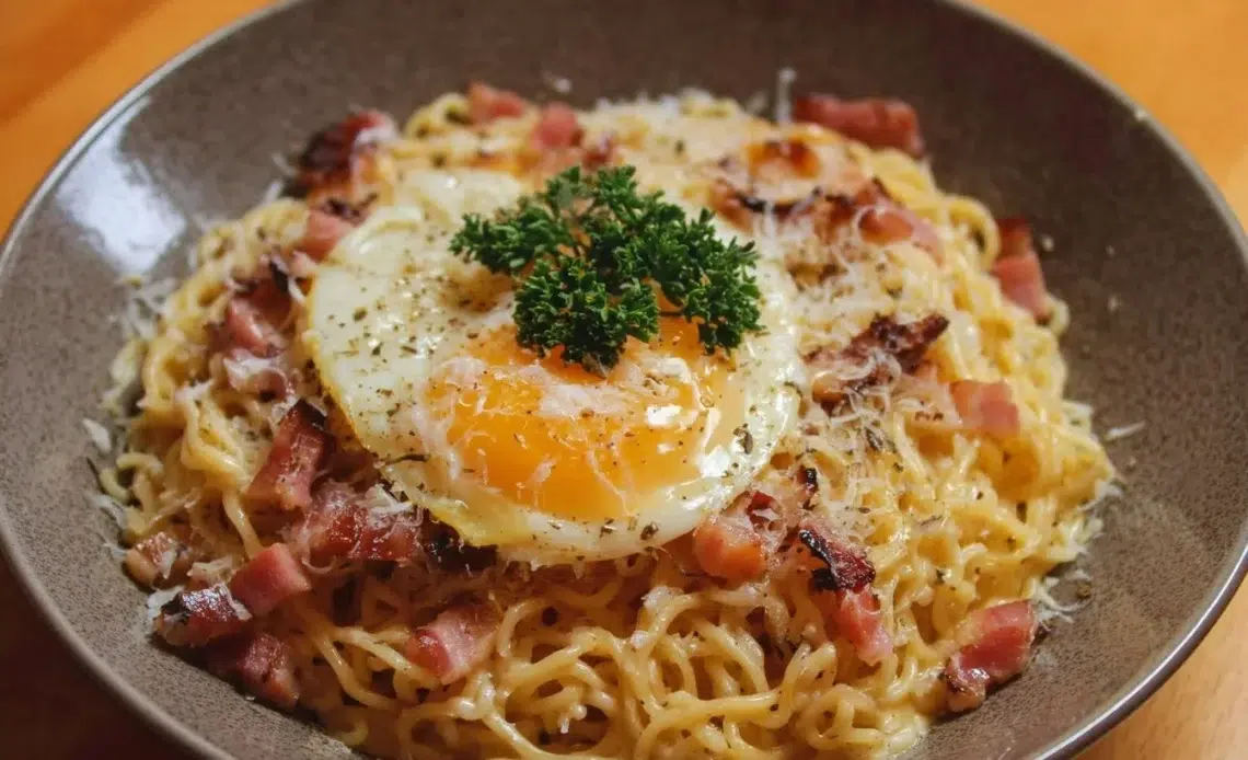 Ramen Carbonara 1 Plat de Ramen Carbonara garni de fromage et de pancetta