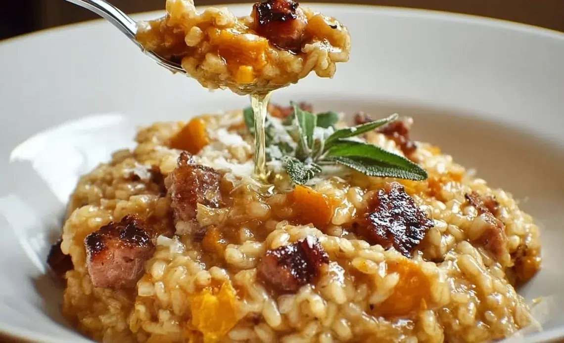 Risotto au potimarron, châtaignes et saucisses 1 Risotto crémeux au potimarron, châtaignes et saucisses, plat réconfortant.