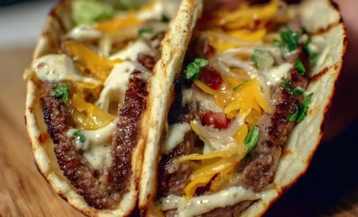 Tacos de Burgers Écrasés 1 Tacos de Burgers Écrasés garnis de viande juteuse et de frais ingrédients