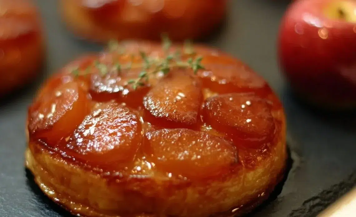 Tarte Tatin Revisité 1 Tarte Tatin Revisité, un dessert caramélisé aux pommes sur une pâte croustillante.