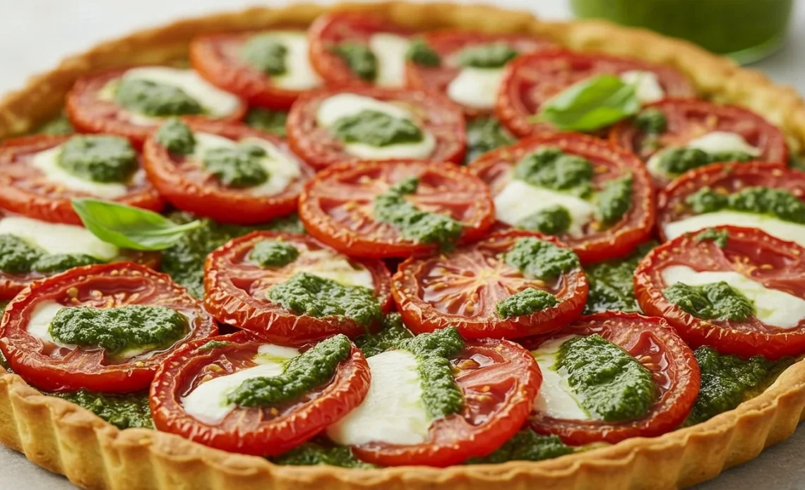 Tarte Tomate Pesto et Mozzarella 1 Tarte Tomate Pesto et Mozzarella garnie de tomates fraîches et pesto maison