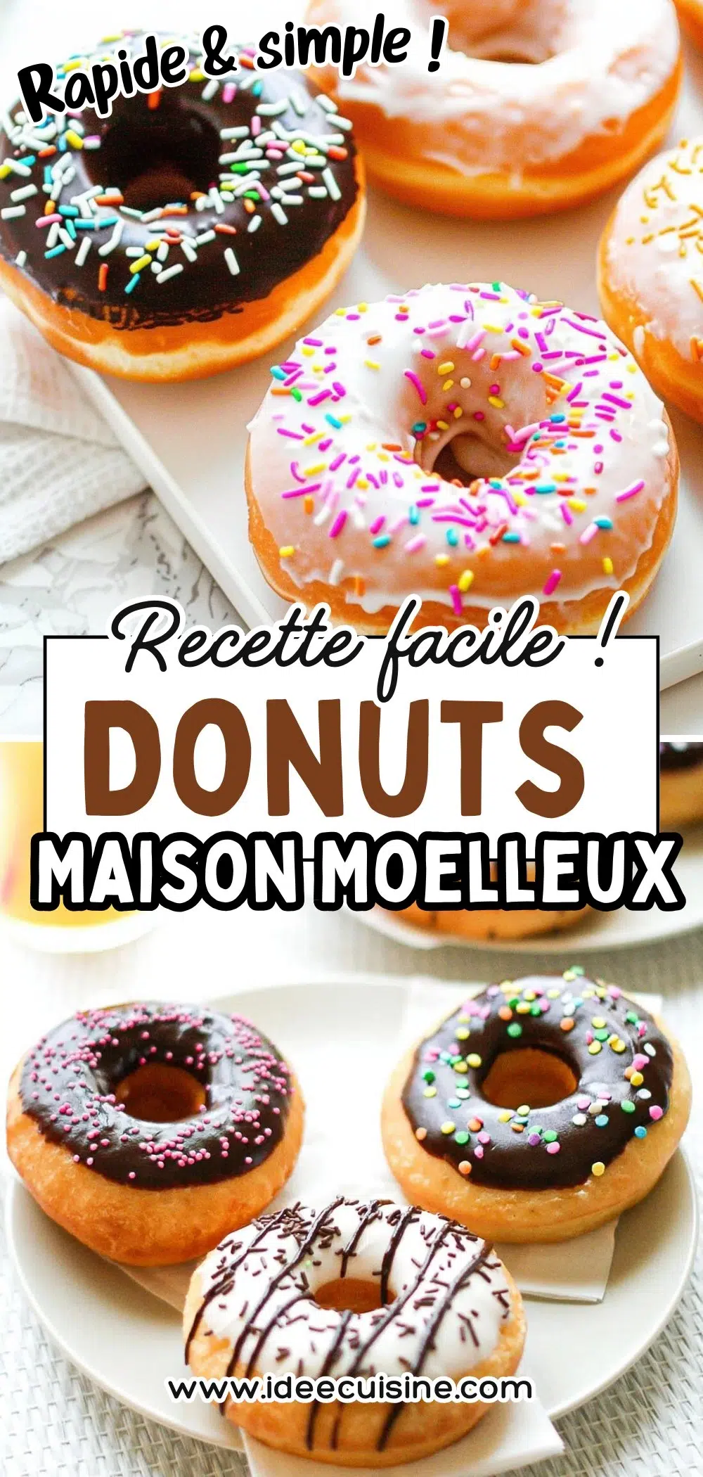 Assortiment de donuts dorés, glacés et décorés de vermicelles colorés sur plateau clair.