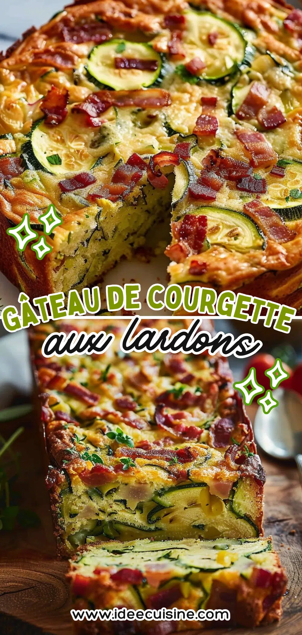 Gâteau de courgette aux lardons 2 Tranche épaisse de gâteau de courgette garnie de rondelles de courgette et lardons grillés, vue en gros plan sur planche en bois