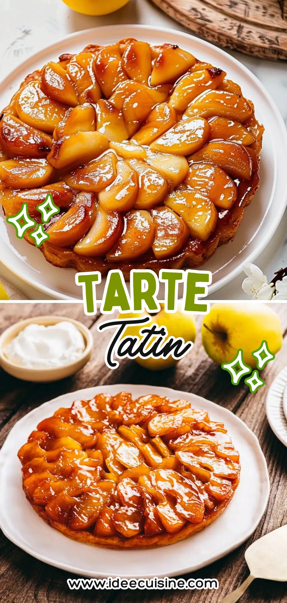 Tarte Tatin brillante aux quartiers de pommes caramélisés disposés en rosace sur assiette blanche