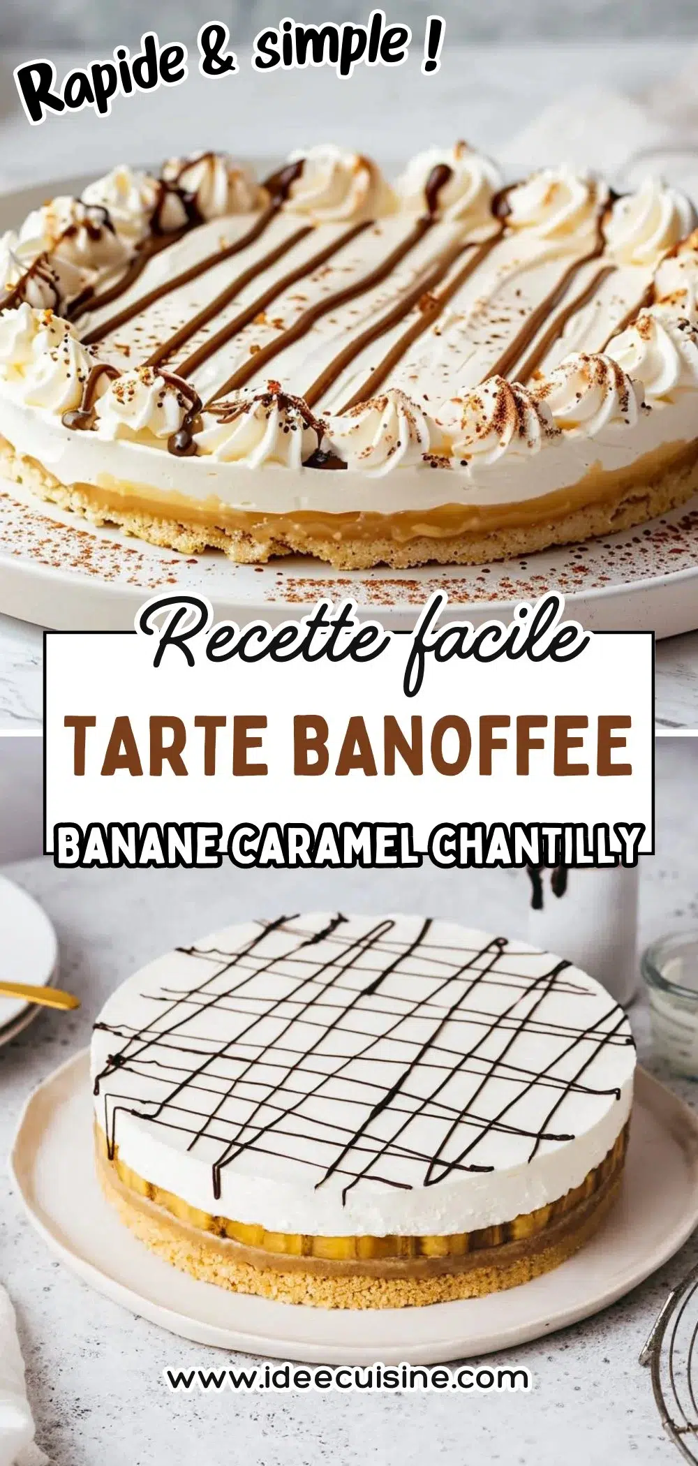 Tarte banoffee garnie de bananes, caramel et chantilly, filet de chocolat en décor.