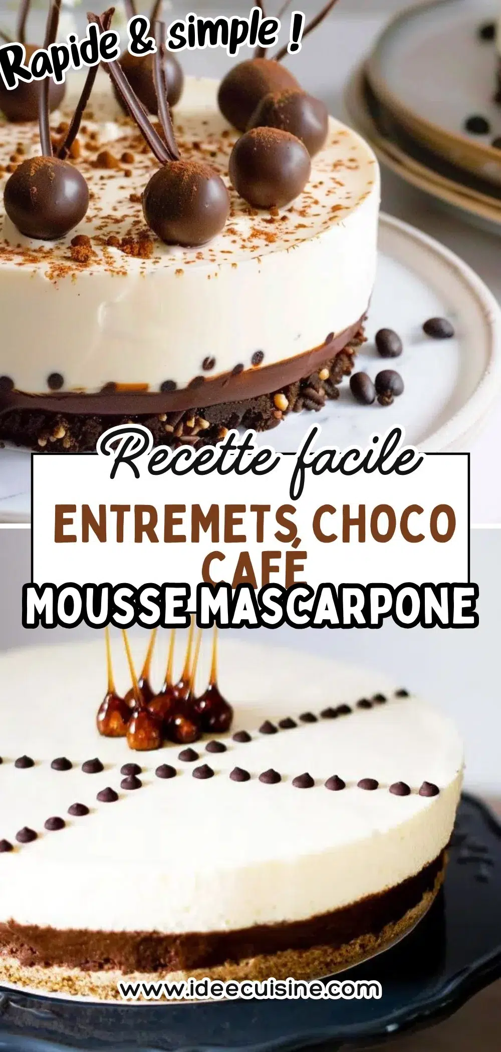 Entremets rond, alternance de couches mousse café et chocolat, boules chocolat croquantes dessus.
