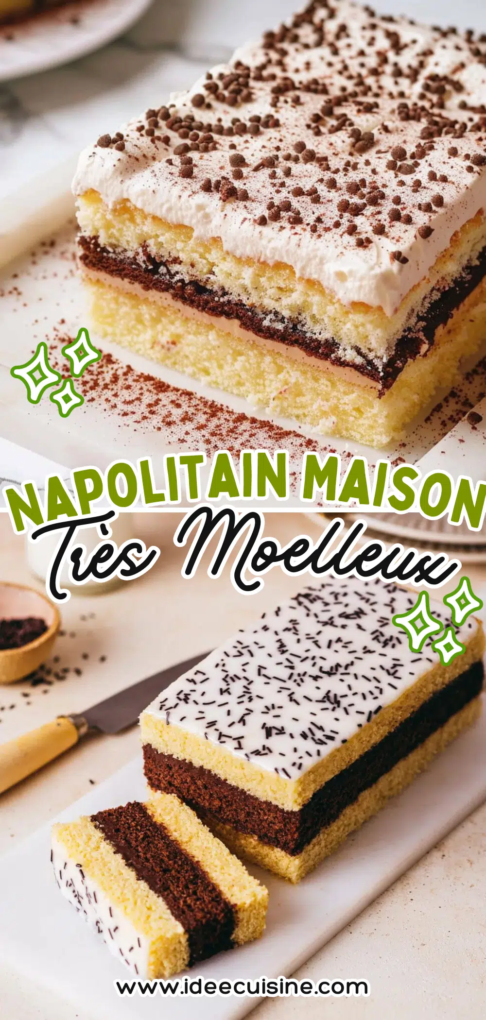 Tranches de gâteau Napolitain alternant couches vanille et chocolat, recouvert d’un glaçage blanc parsemé de vermicelles.