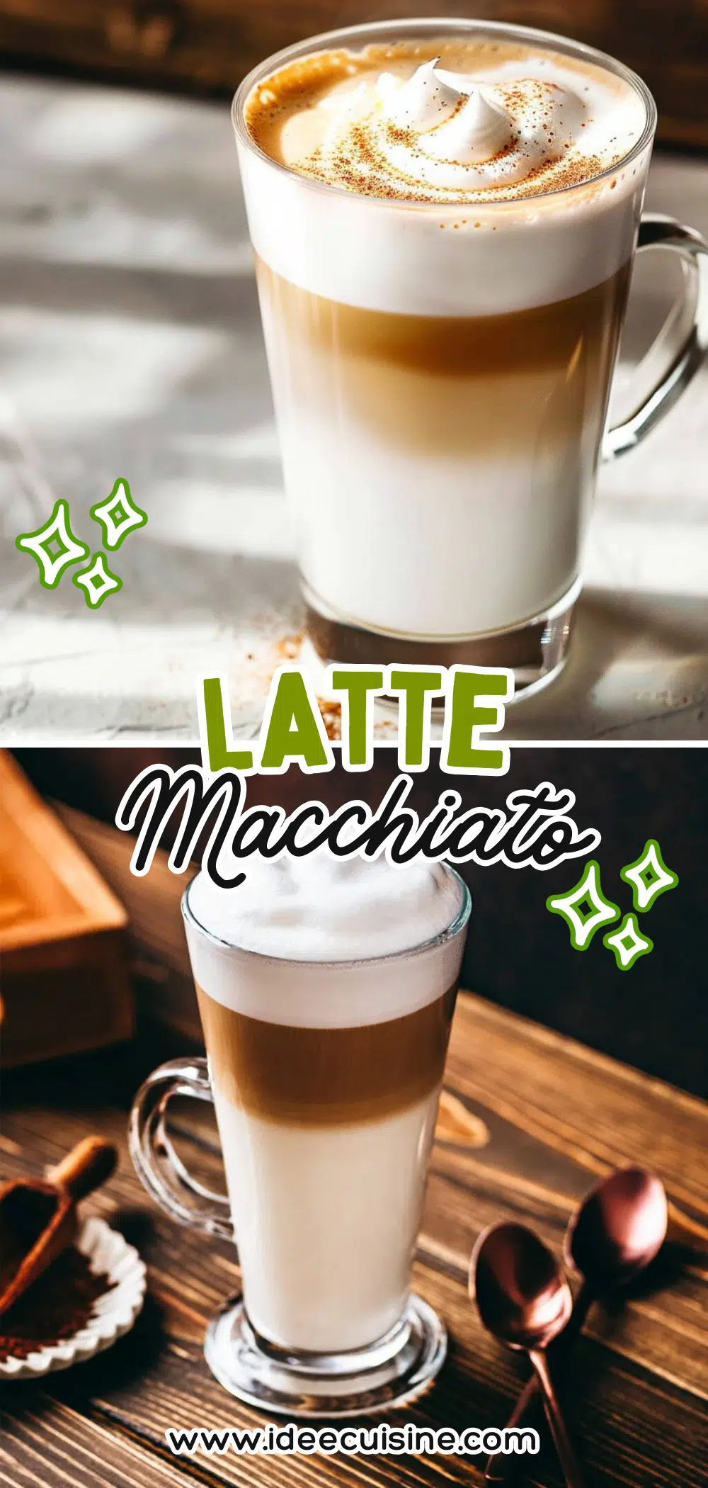 Verre haut de latte macchiato avec superposition de lait, café et mousse, saupoudré d’une pincée d’épices