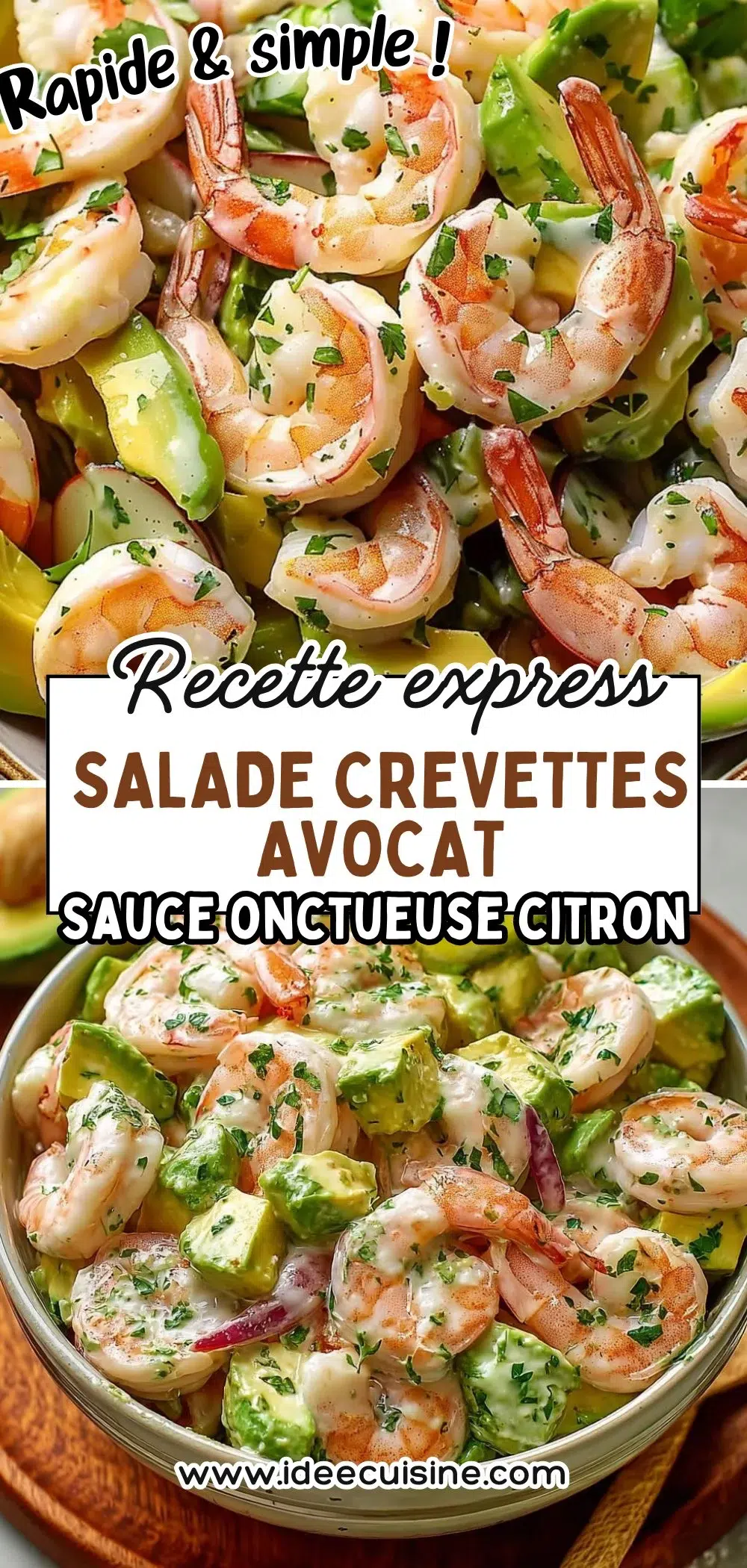 Saladier rempli de crevettes roses, cubes d’avocat et sauce blanche crémeuse, herbes fraîches en décor.