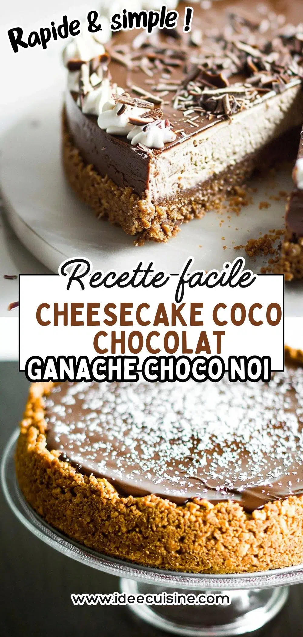 Cheesecake rond au chocolat, décor copeaux de choco noir et base biscuitée, surface brillante.