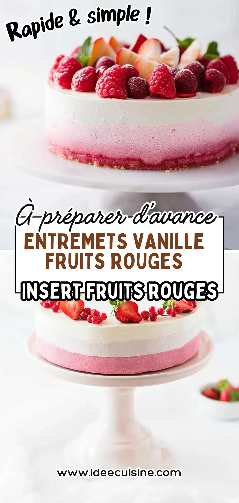 Entremets à la vanille nappé de fruits rouges entiers, posé sur une base blanche, décor framboises et groseilles.