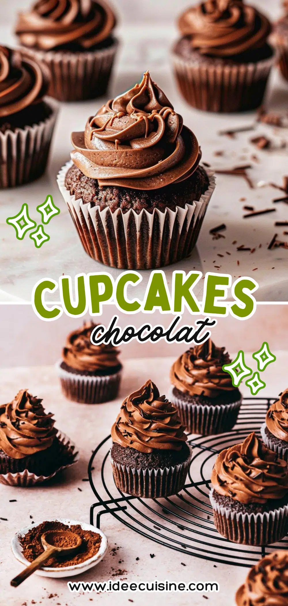 Cupcakes au chocolat garnis d’un glaçage blanc vanille, joliment dressés et saupoudrés de cacao dans un décor festif.