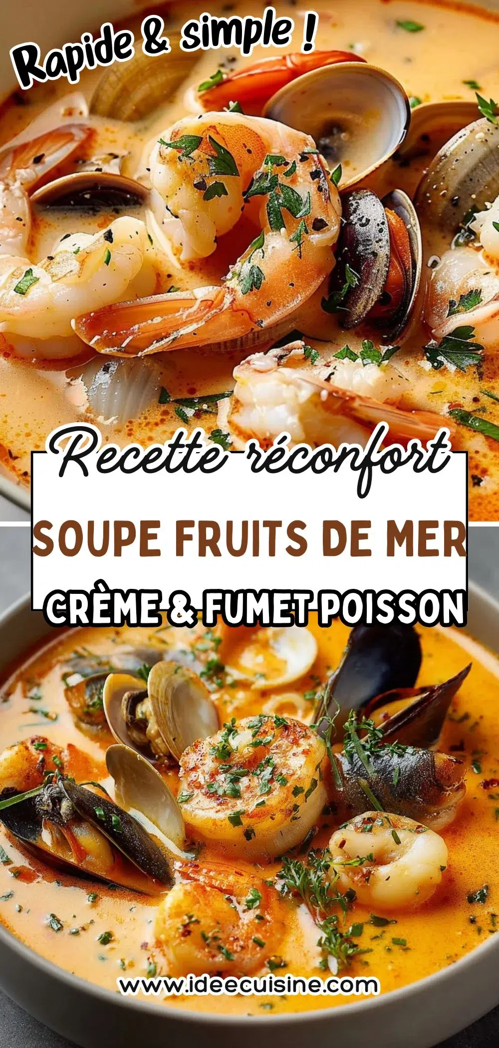 Assiette généreuse de soupe crémeuse aux fruits de mer : crevettes, moules, calamars et fumet doré, décor vert persil.