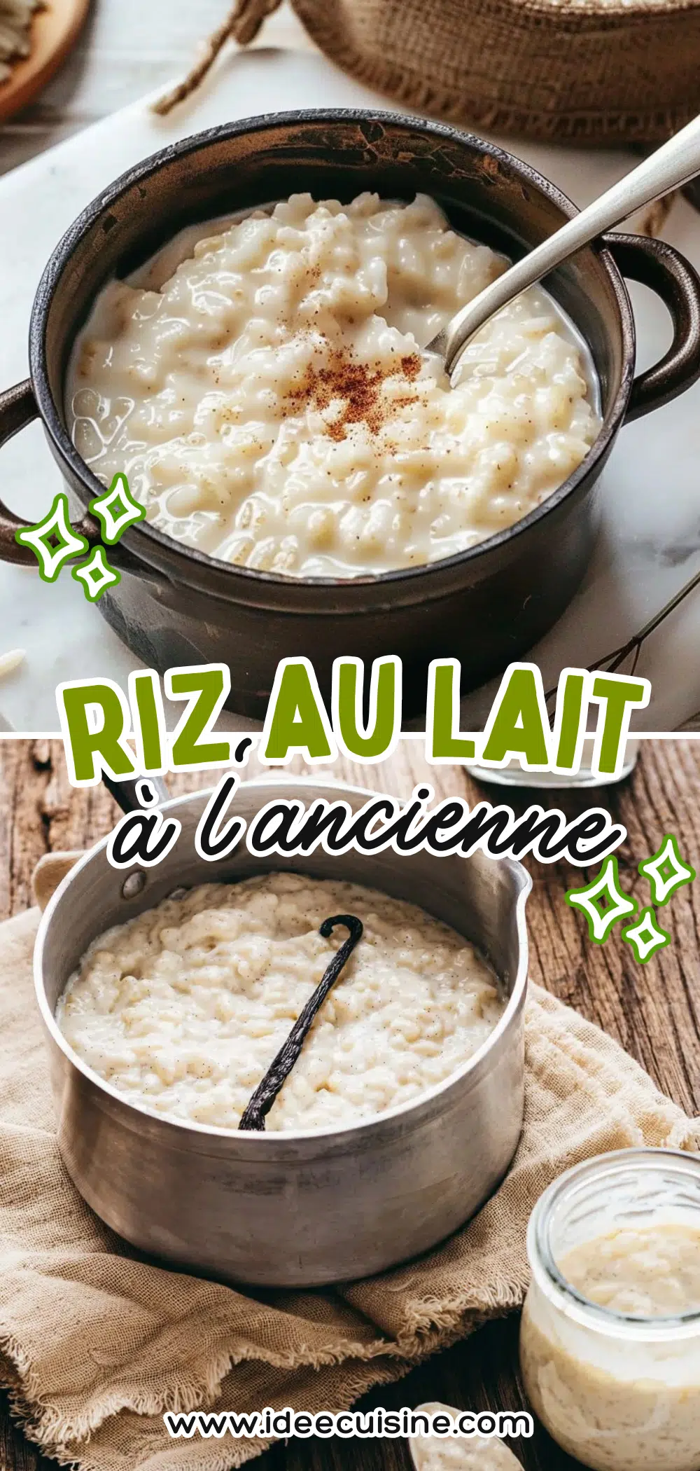 Riz au lait à l'ancienne 2 Bol rustique de riz au lait crémeux, décoré de cannelle, accompagné d’une casserole de lait et d’une cuillère en bois.
