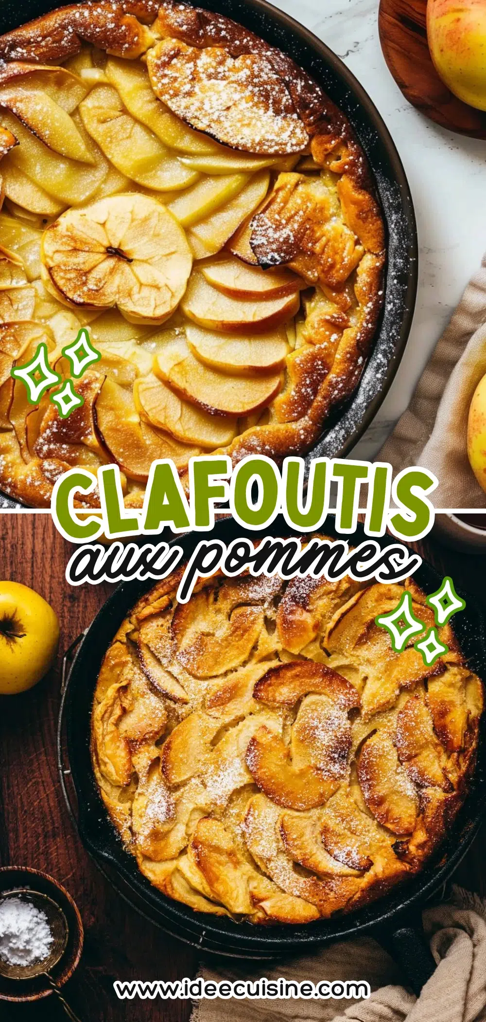 Clafoutis doré garni de quartiers de poires fraîches, servi dans un plat rond en céramique sur une table en bois.