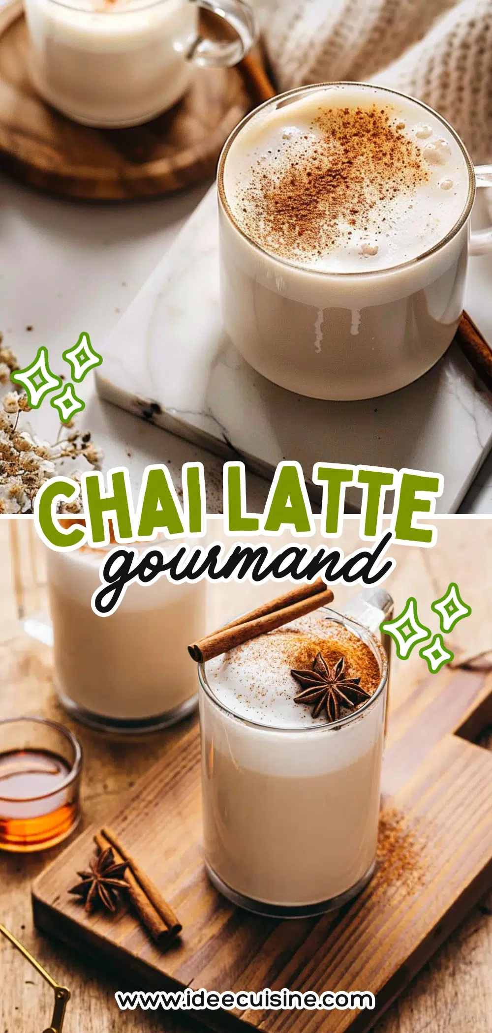 Grand verre transparent contenant un chaï latte mousseux, saupoudré d’épices chaudes, sur table en bois.