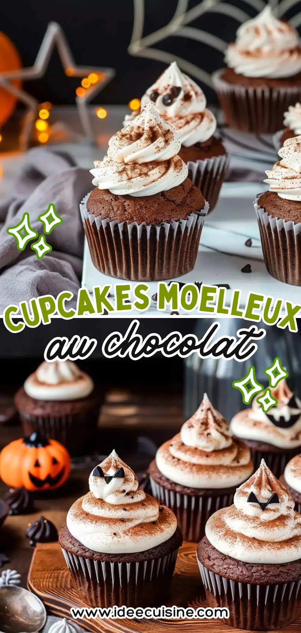 Assortiment de cupcakes au chocolat avec crème blanche pochée et cacao, présentés sur un plateau, ambiance fête d’Halloween