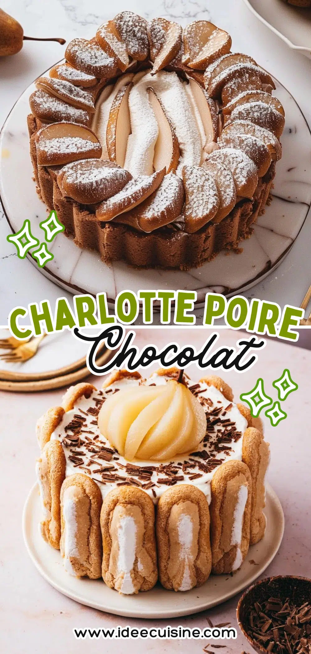 Charlotte dressée à la verticale, avec boudoirs, mousse poire et insert chocolat, sur assiette élégante.