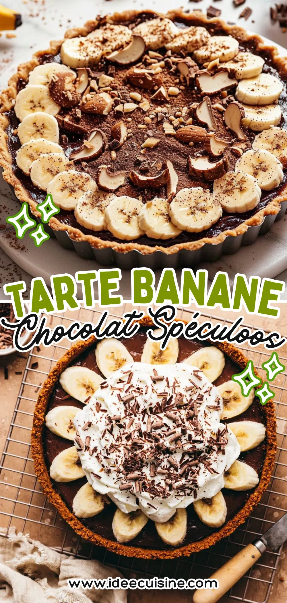 Tarte à la banane recouverte de rondelles et copeaux de chocolat, servie sur fond clair.