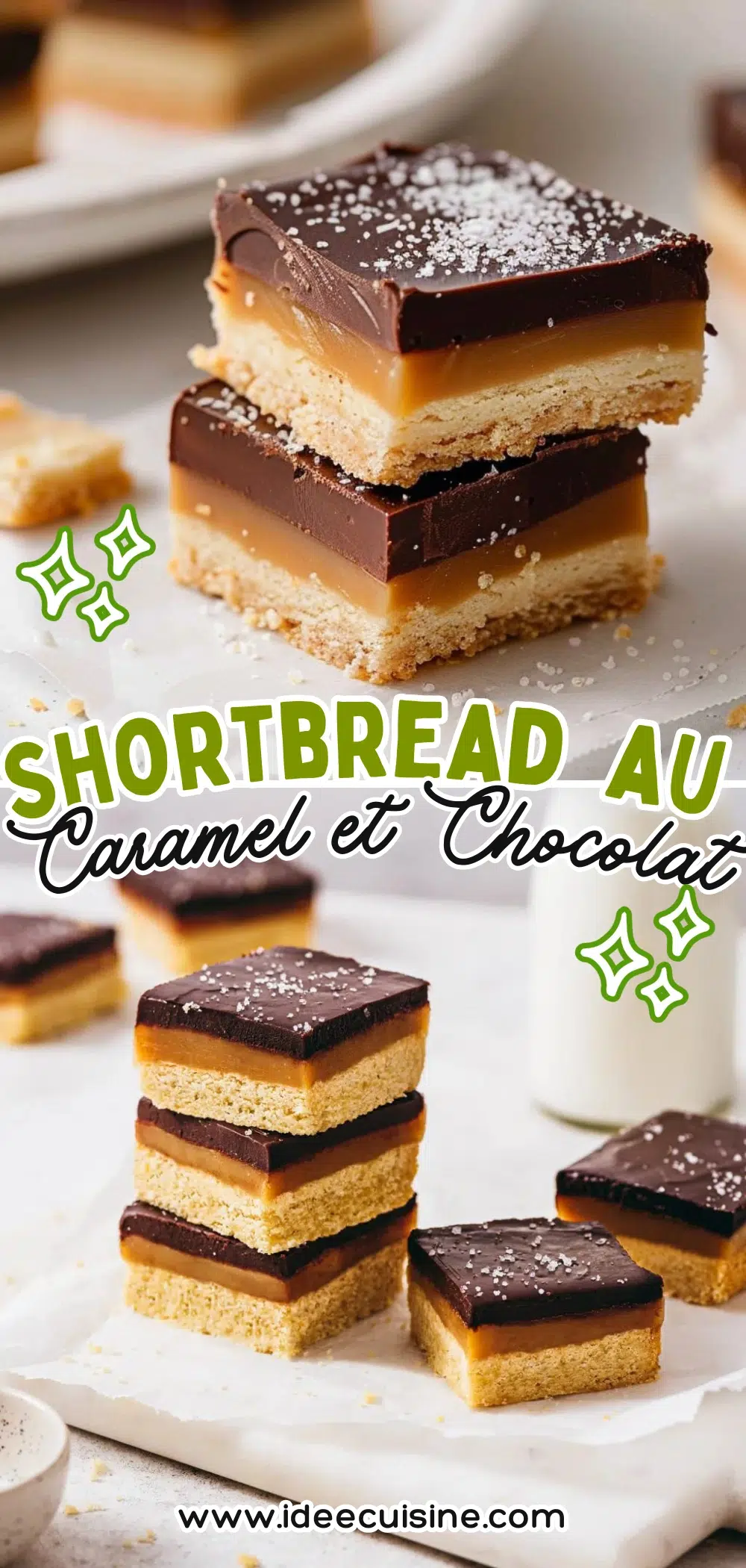 Empilement de shortbreads en couches : biscuit sablé, caramel coulant et chocolat noir brillant.