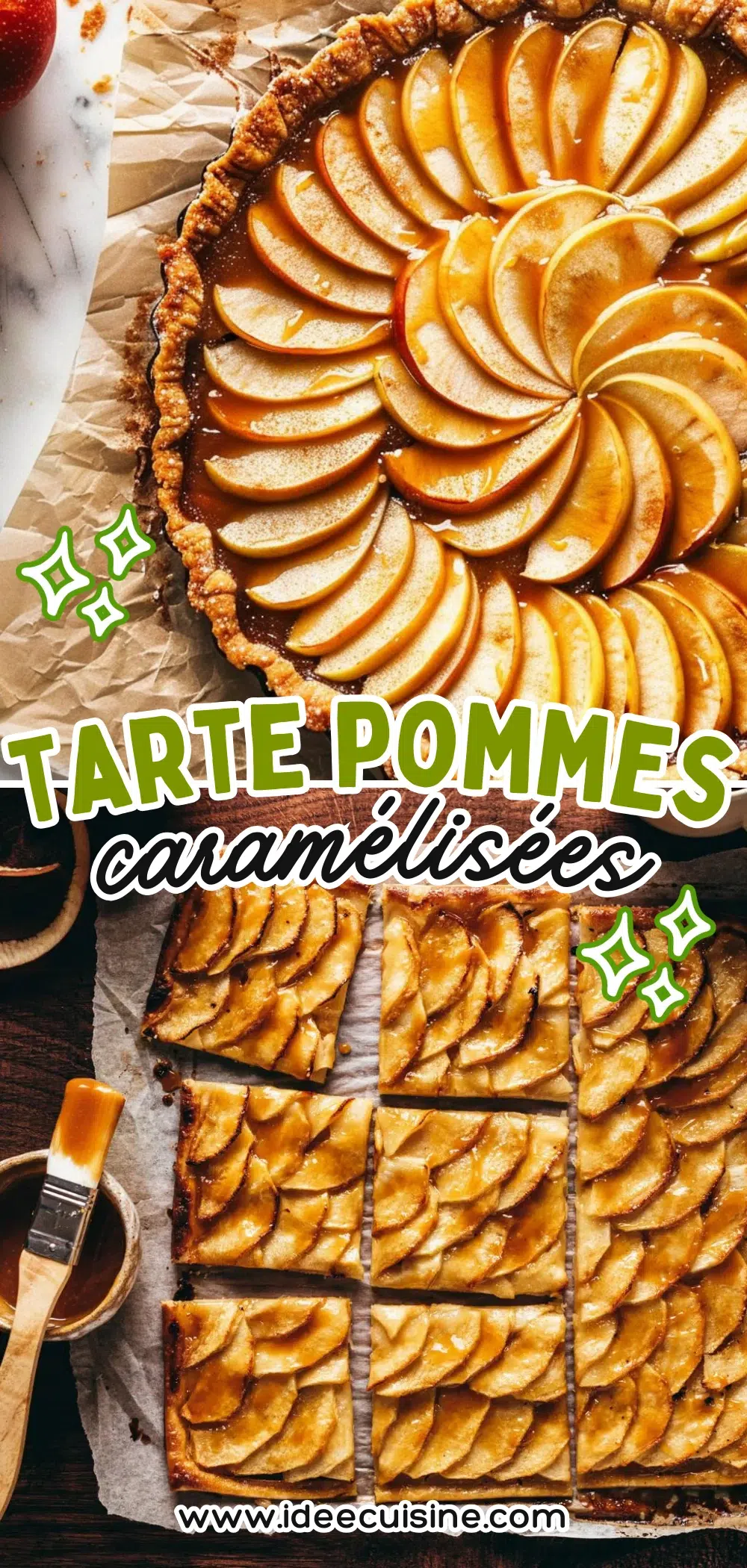Tarte fine garnie de lamelles de pomme brillantes au caramel, sur fond de pâte dorée.