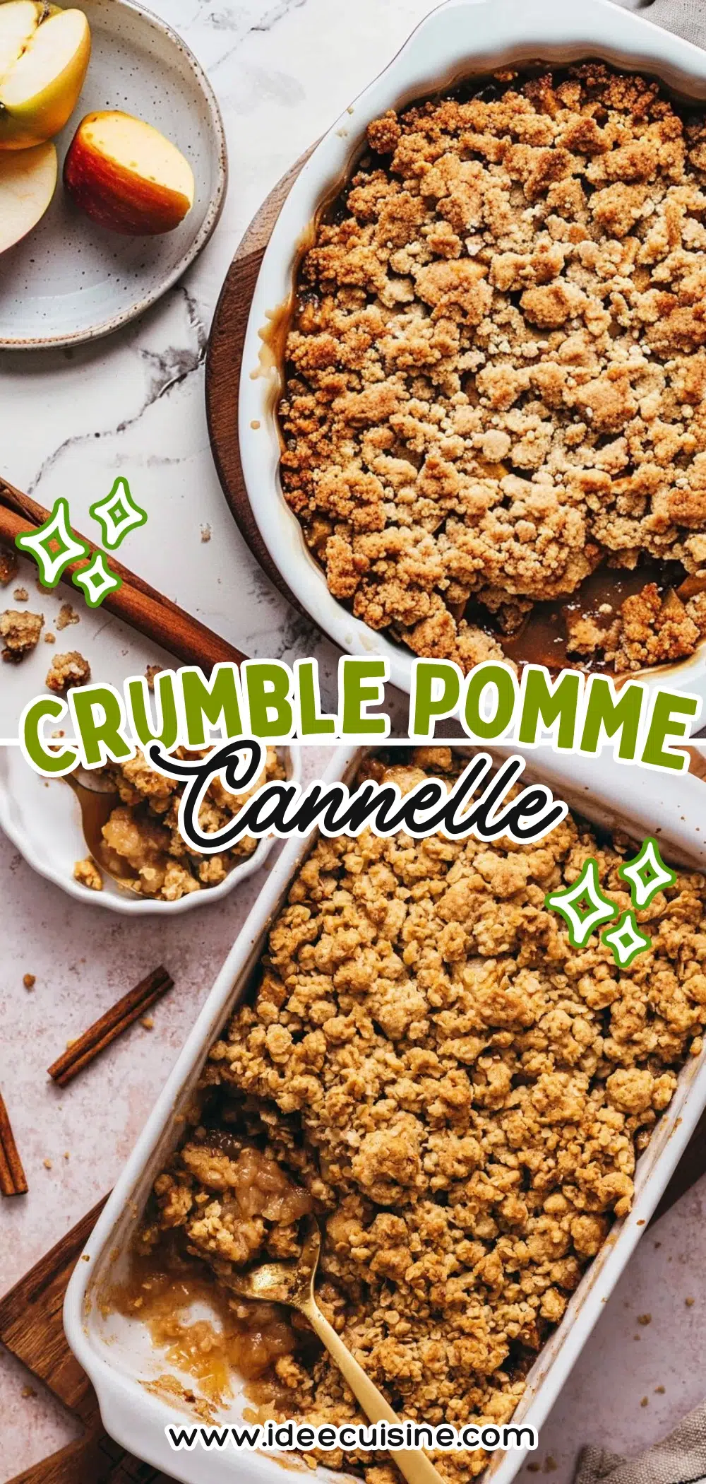 Crumble doré aux pommes caramélisées, servi dans un plat rectangulaire, avec petit ramequin de crème en accompagnement.