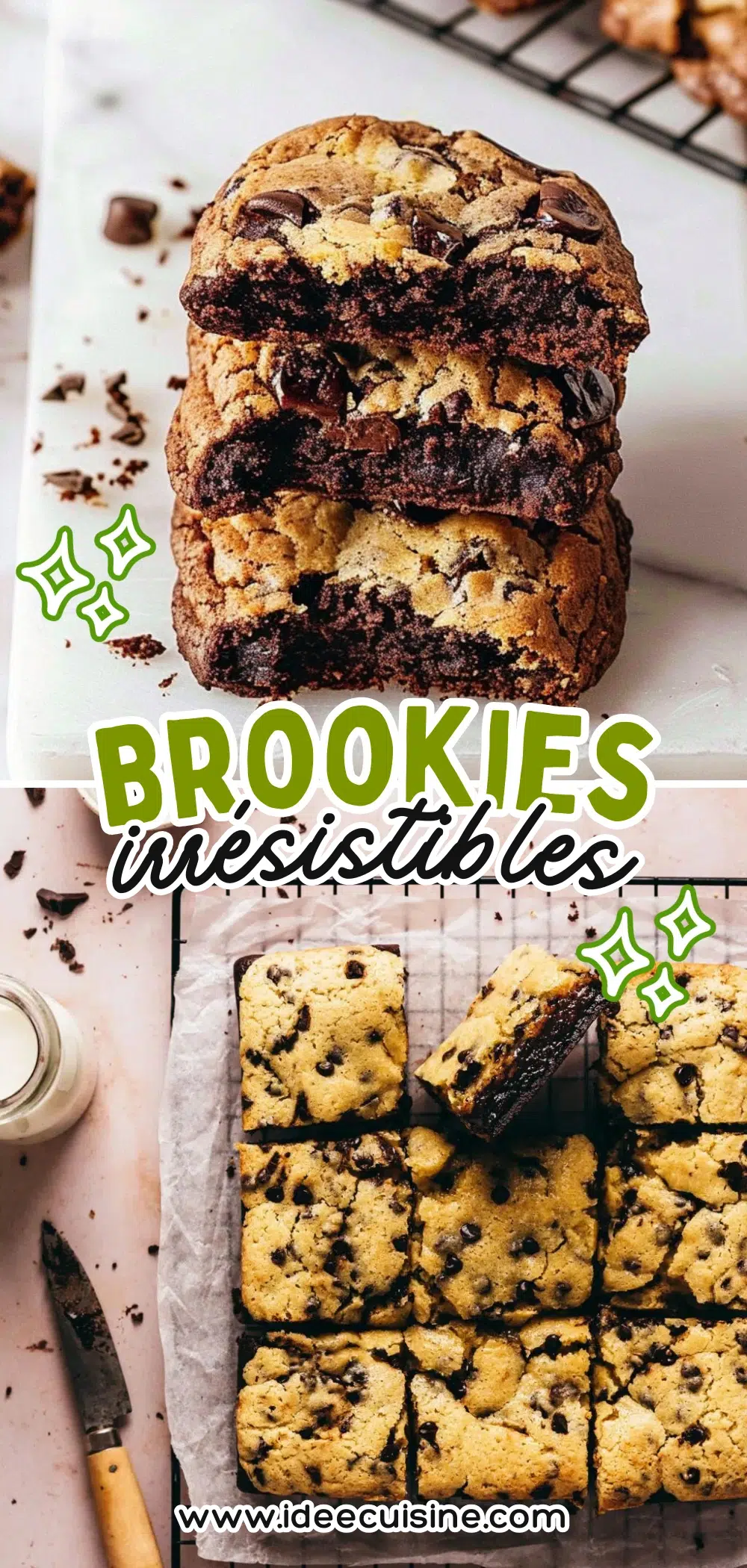 Brookies coupés en carrés, alliance de brownie et cookie, aux pépites de chocolat, sur une plaque de cuisson.