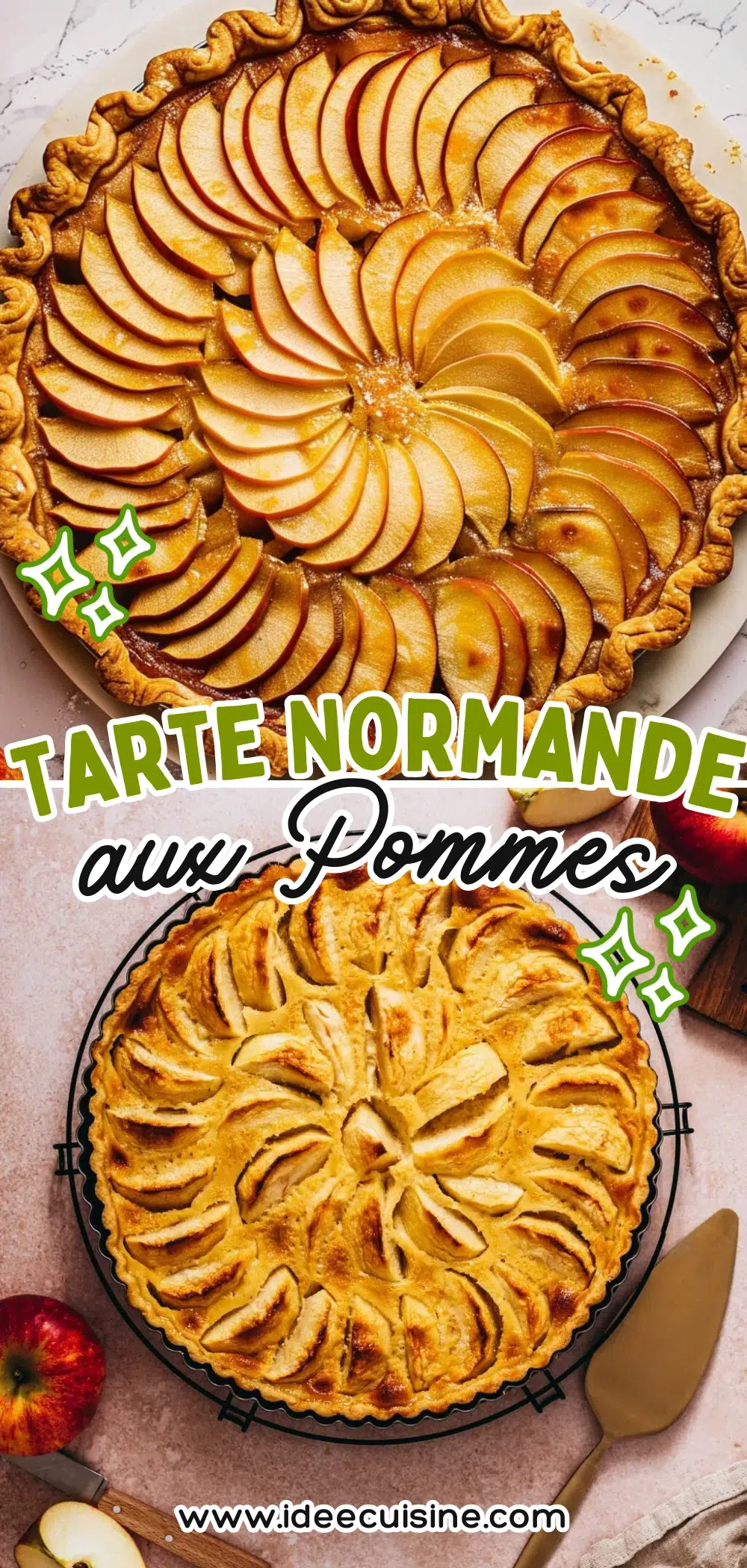 Tarte à la pâte dorée, garnie de pommes tranchées en éventail, cuite dans un plat rond en céramique.