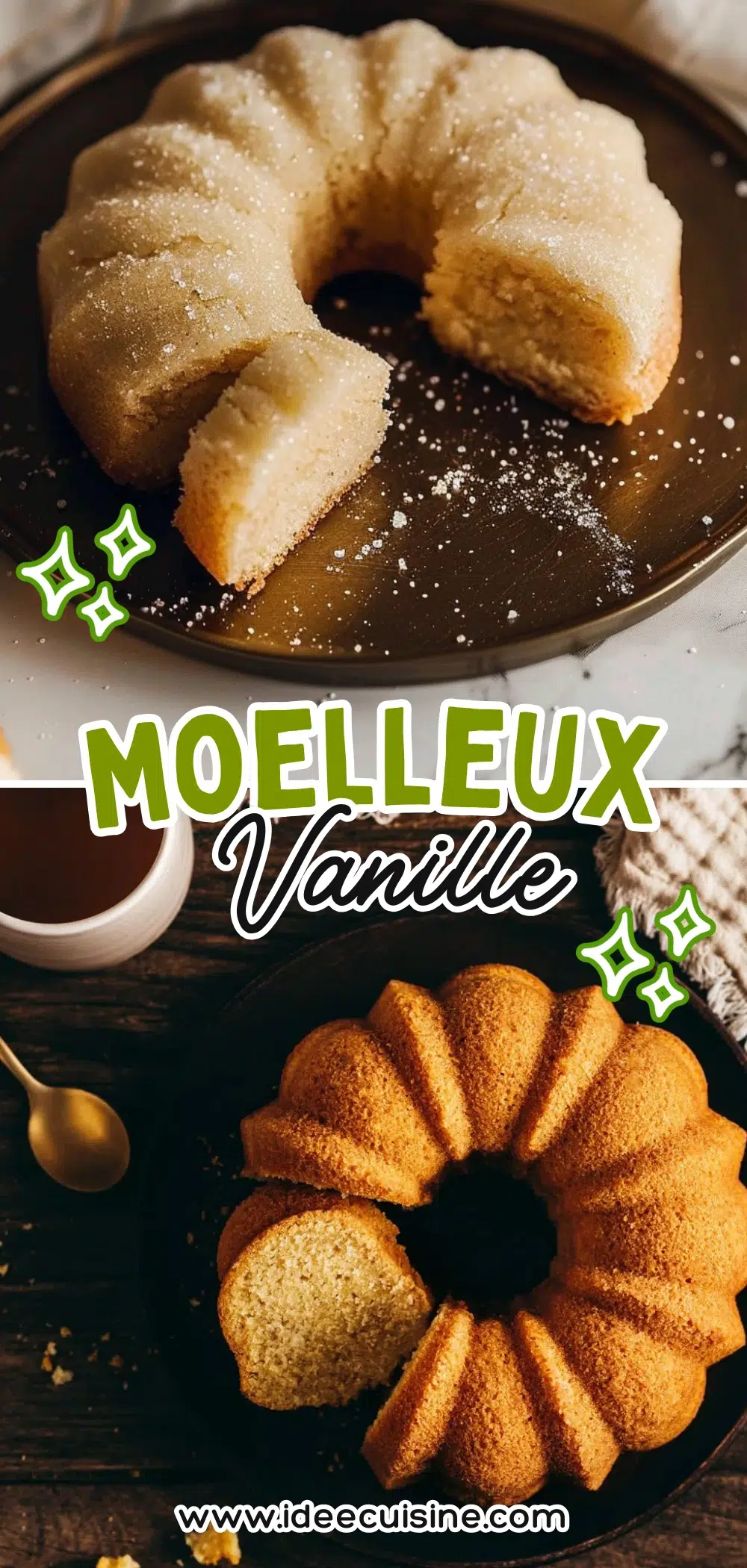 Gâteau moelleux individuel à la vanille, décoré d’une fleur, présenté sur une assiette claire.