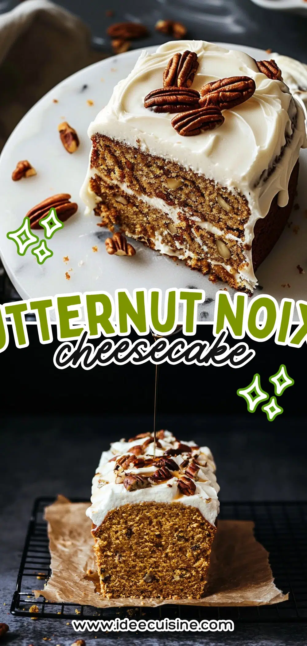 Gâteau à étages, crème onctueuse, rondelles de butternut en déco, tranches de noix en garniture.