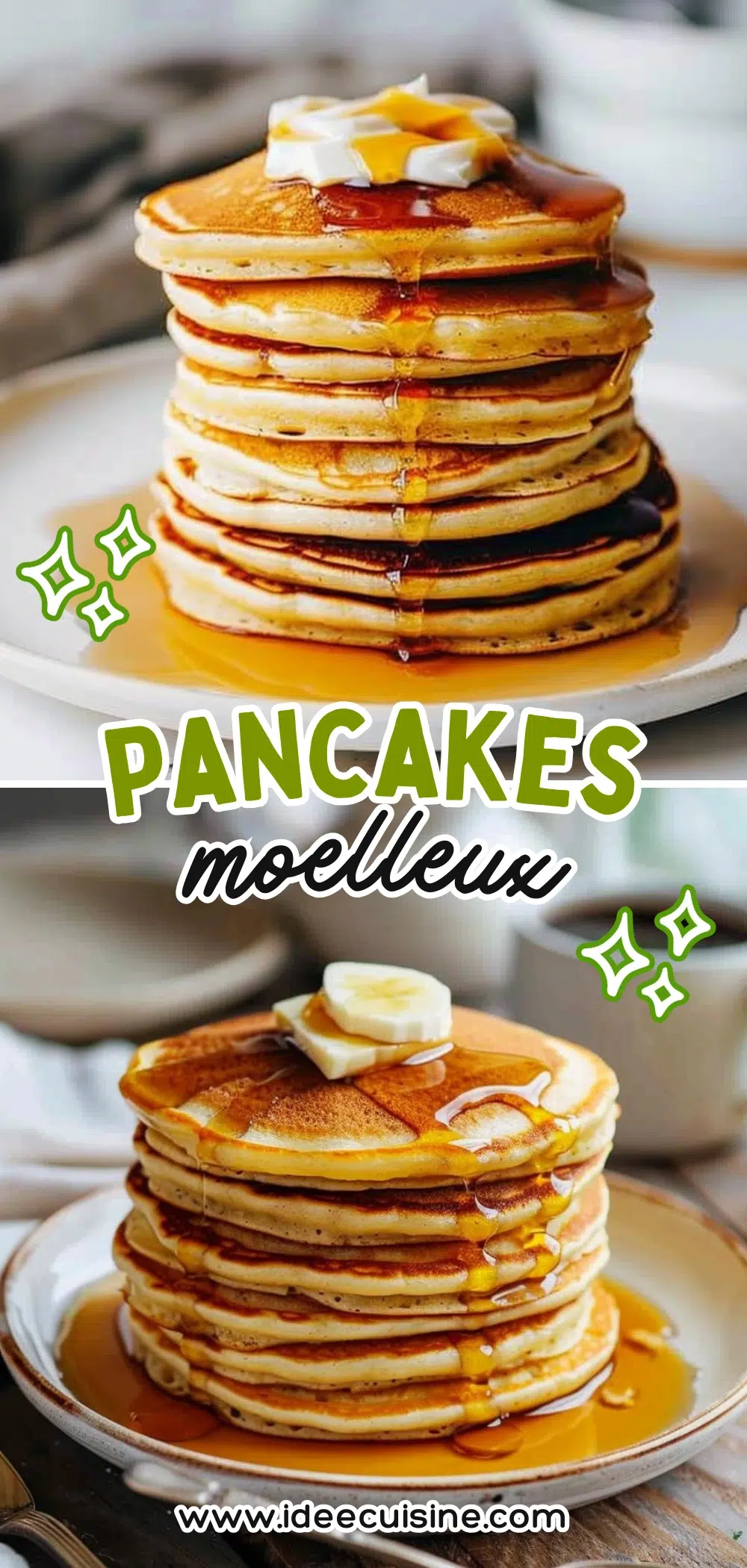 Empilement de pancakes moelleux sur assiette blanche, beurre et sirop d’érable coulant sur les côtés.