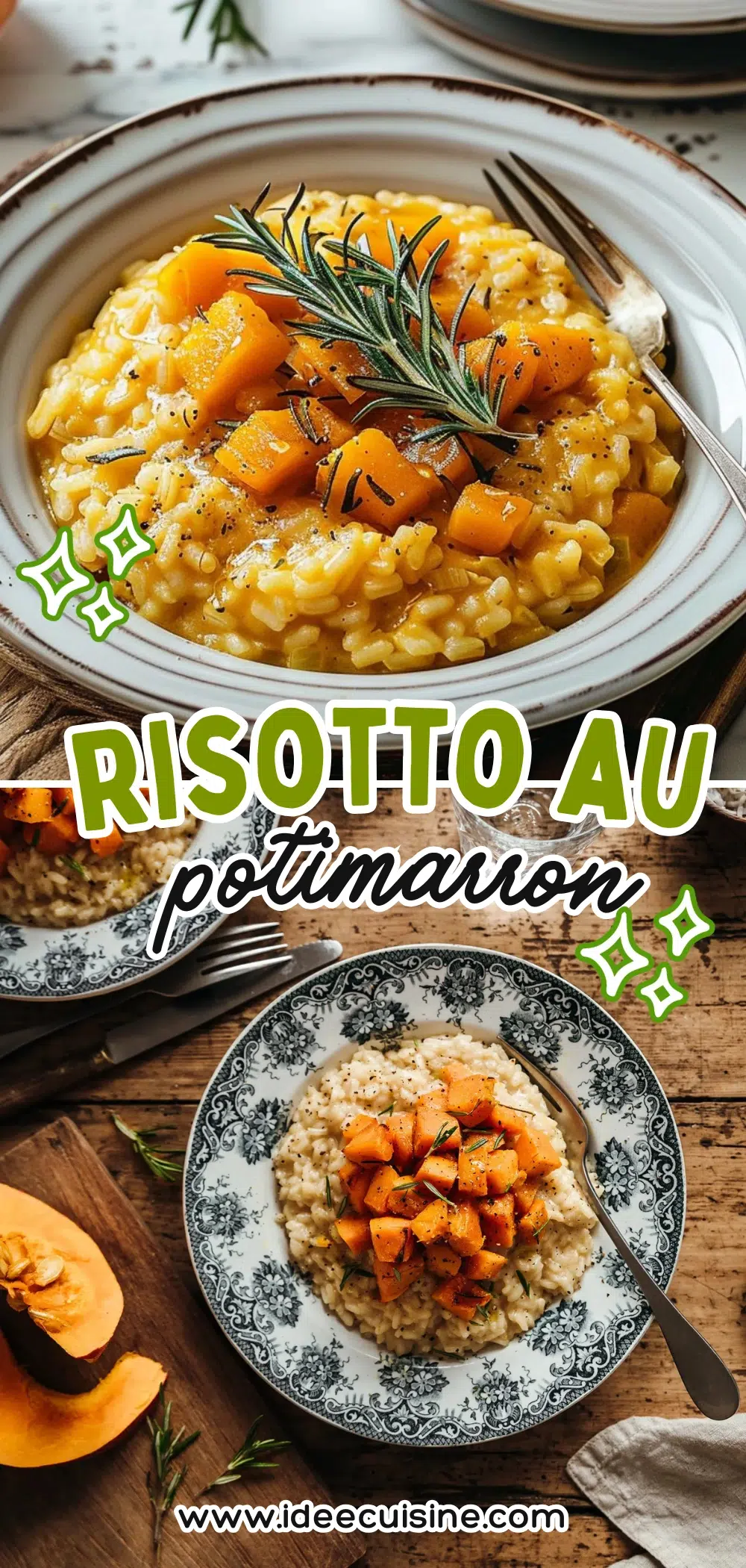 Bol de risotto onctueux à la courge, cubes de potimarron rôtis, grains de riz brillants, herbes fraîches en décor.