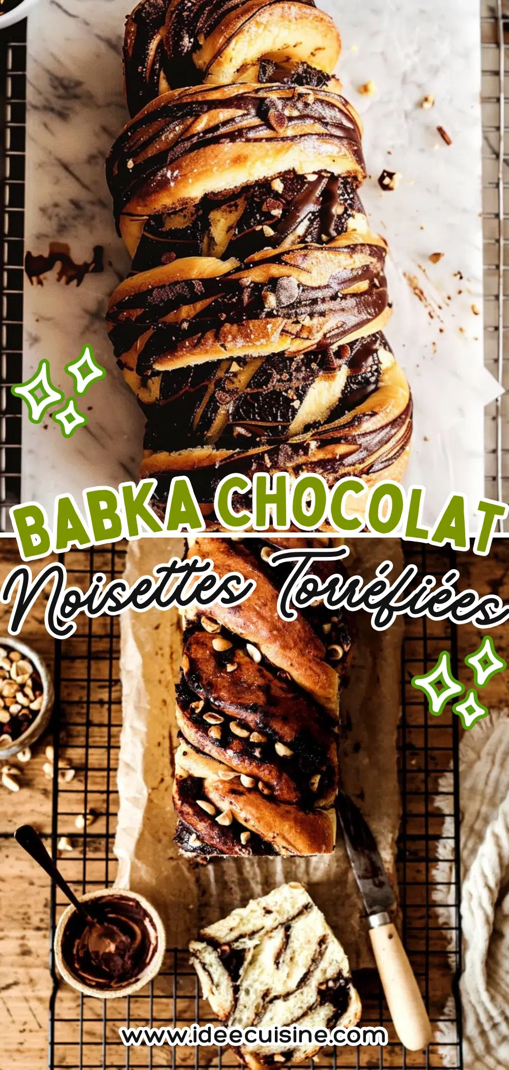 Babka torsadée dorée, riche en garniture chocolat-noisette, posée sur une planche à découper.