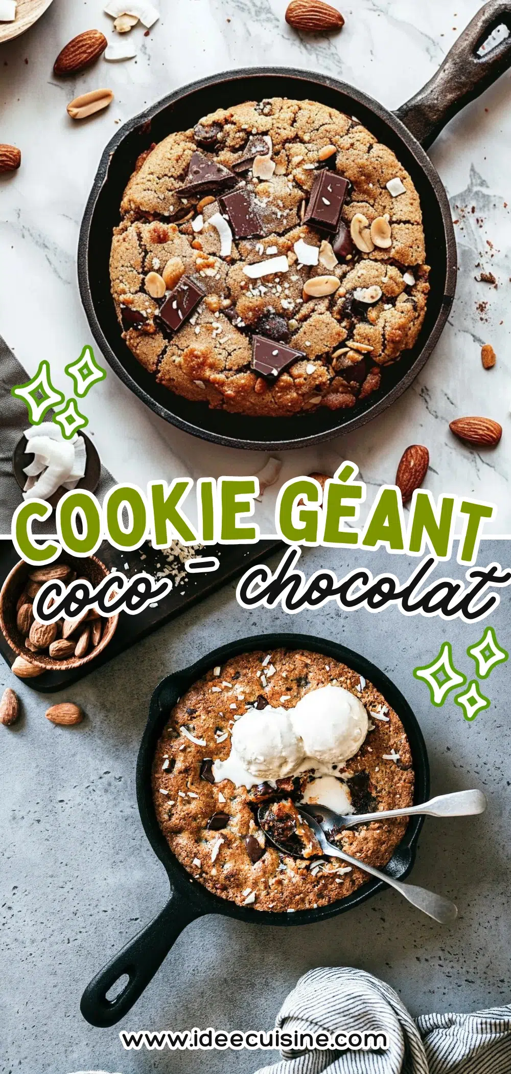 Cookie géant bien doré, découpé en parts, garni de pépites de chocolat, servi dans une poêle ronde.